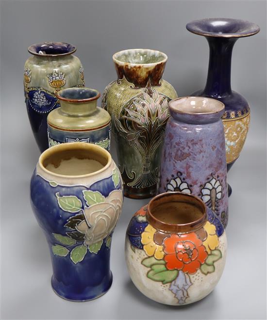 A Doulton Eliza Simmance vase and six other Doulton stoneware vases